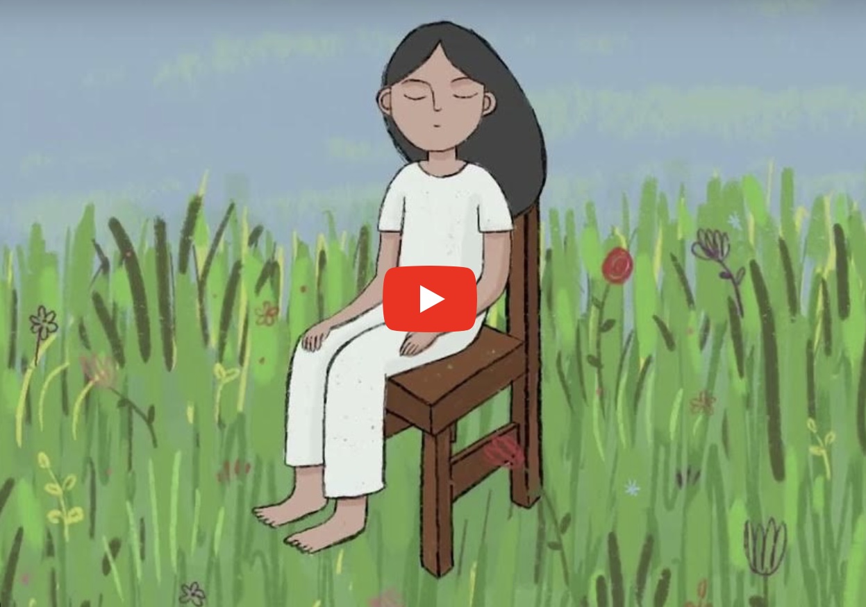 Llun llonydd wedi’I gymryd or fideo ‘Myfyrdod’ yn dangos arlun o berson yn eistedd ar gadair ty fas.