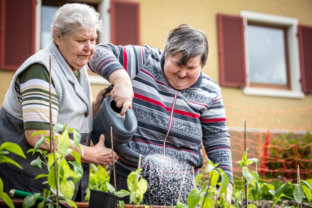 Senior mother and her daughter watering plants together with a watering can
