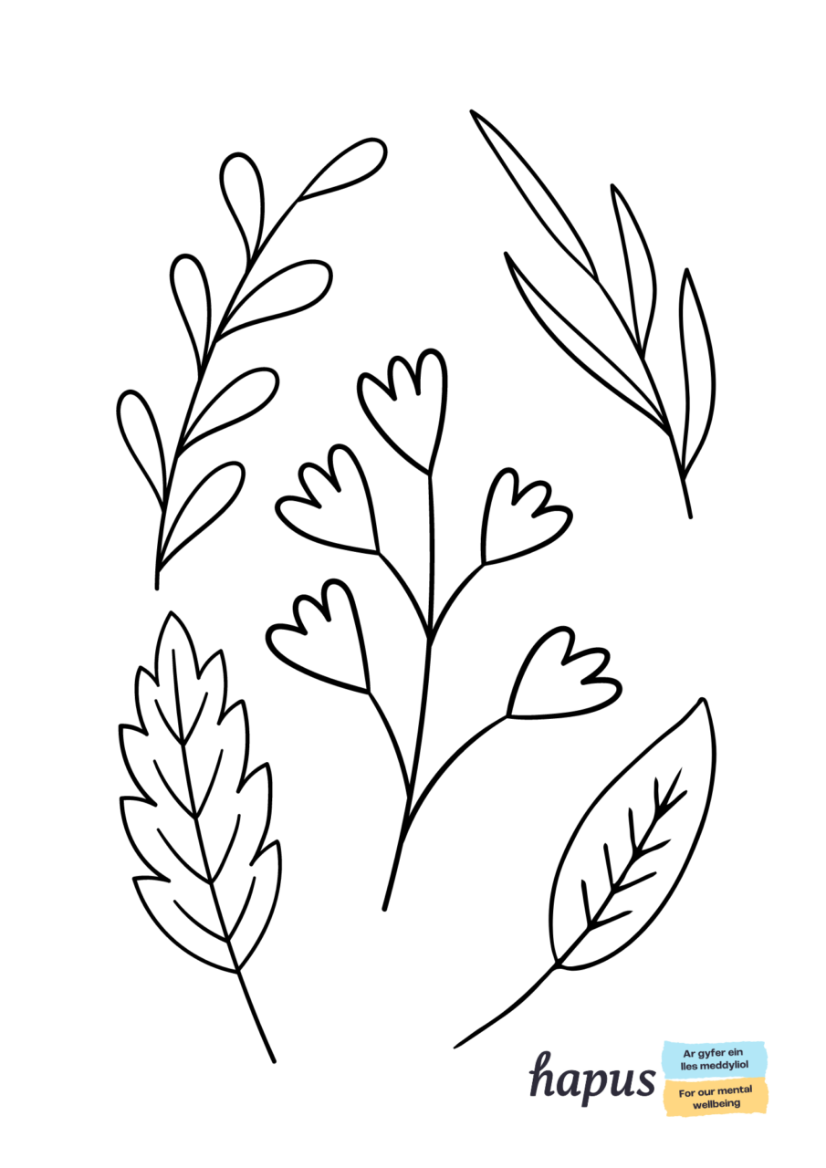 A colouring in sheet with black and white outlines of leaves.