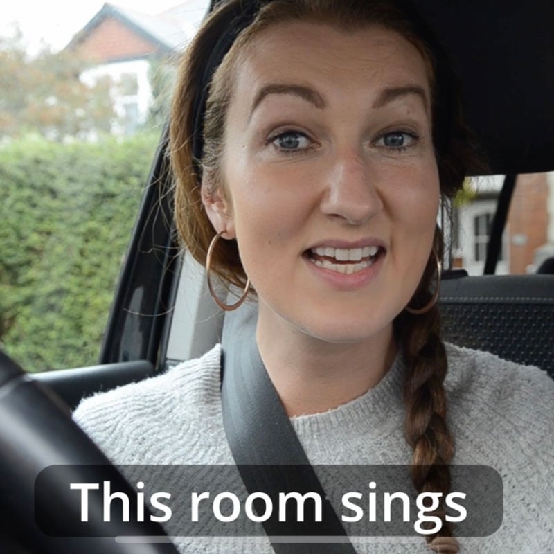 Llun pen ac ysgwydd o berson yn eistedd yn sedd gyrrwr car. Mae ei geg yn agored (fel petai yng nghanol y gân) a'u llaw chwith yn codi. Gwisga siwmper lwyd, clustdlysau cylch a band pen du. 