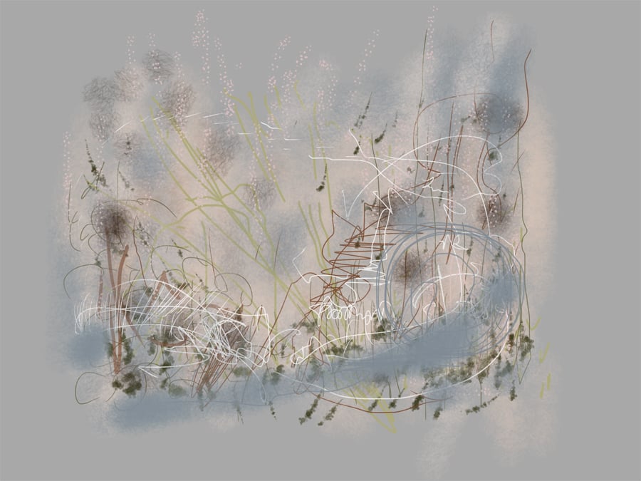 A drawing consisting of swirls of blue, grey, green and white lines against a grey background.