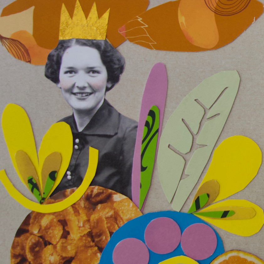 A collage consisting of a black and white photo of a smiling person wearing a yellow cut-out crown; different colourful cut-out shapes in yellow, purple and blue surround them.
